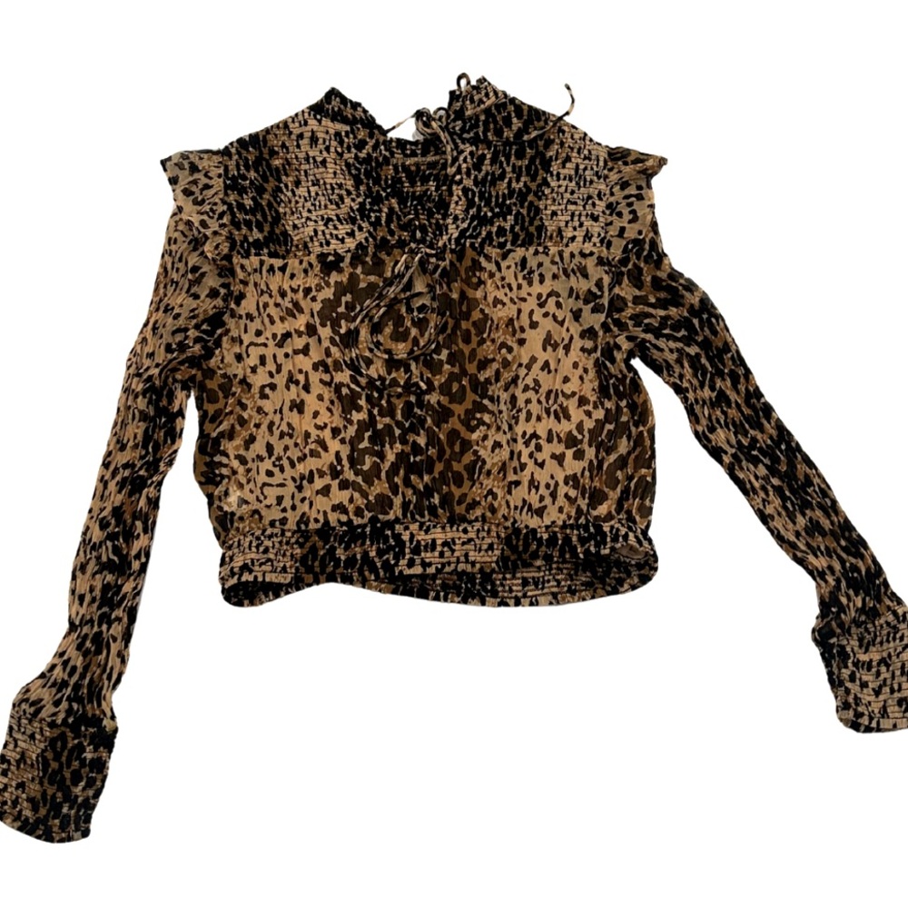 Free People Roma Smocked Animal Print Blouse | Leopard Combo / Brown | Size S - Picture 4 of 7